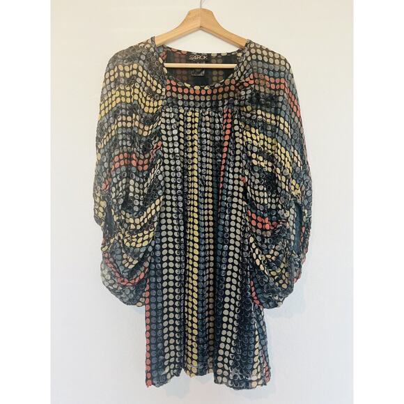 LA ROCK Silk Blend Tunic Blouse Sz S Velvet Detail Balloon Sleeves Boho Top - Picture 1 of 9